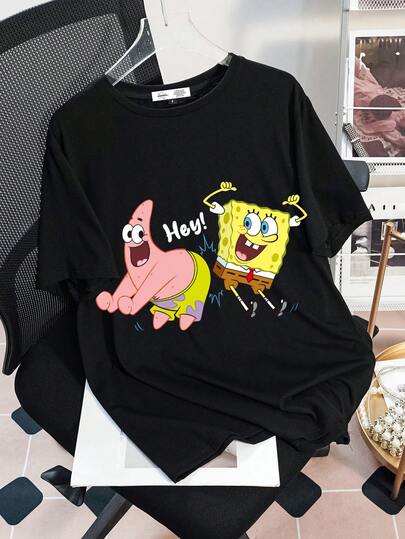 SpongeBob SquarePants | SHEIN Camiseta negra de manga corta, cuello redondo, de corte holgado con lindo estampado de dibujos animados y letras, para mujer, para el verano