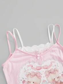 ROMWE Kawaii Spring/Summer Women's Cute Rabbit Bow Print 2 In 1 Outfits Set - Pink - View 6