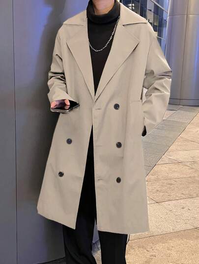 Claim Dot 宽松男士双排扣翻领风衣长款外套 超大码男士夹克 韩版男装