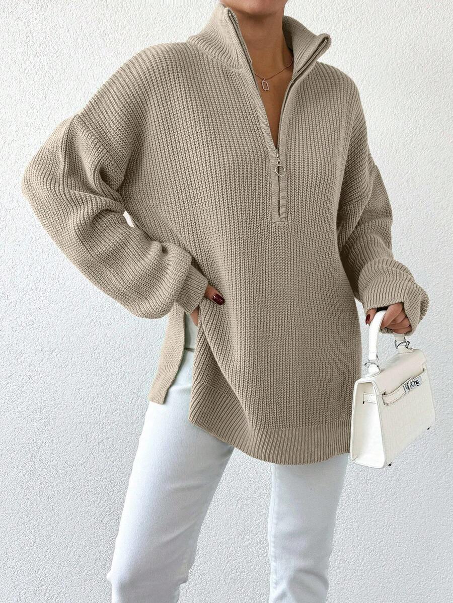 SHEIN Cottnline Half Zip Drop Shoulder Split Hem Sweater - Apricot - View 1