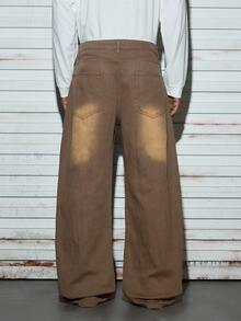 Modcrash 男士宽松休闲百搭阔腿牛仔裤，带口袋，春夏皆宜 - 咖啡棕 - 查看 3