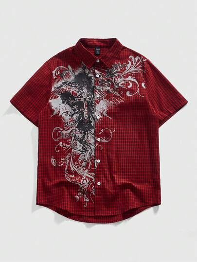 Grunge Punk Camisa casual de manga corta con estampado floral a cuadros y de una sola hilera de botones para hombre