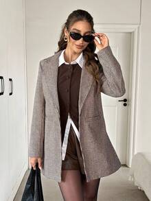 Easowa 女士时尚翻领长袖休闲冬季商务休闲外套，外出棕色办公外套 - 灰色 - 查看 1