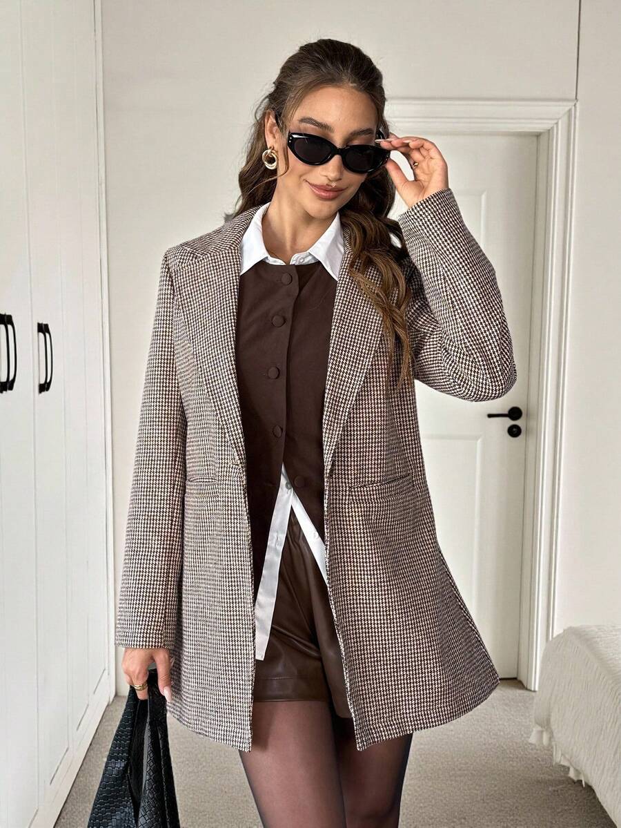 Easowa 女士时尚翻领长袖休闲冬季商务休闲外套，外出棕色办公外套 - 灰色 - 查看 1