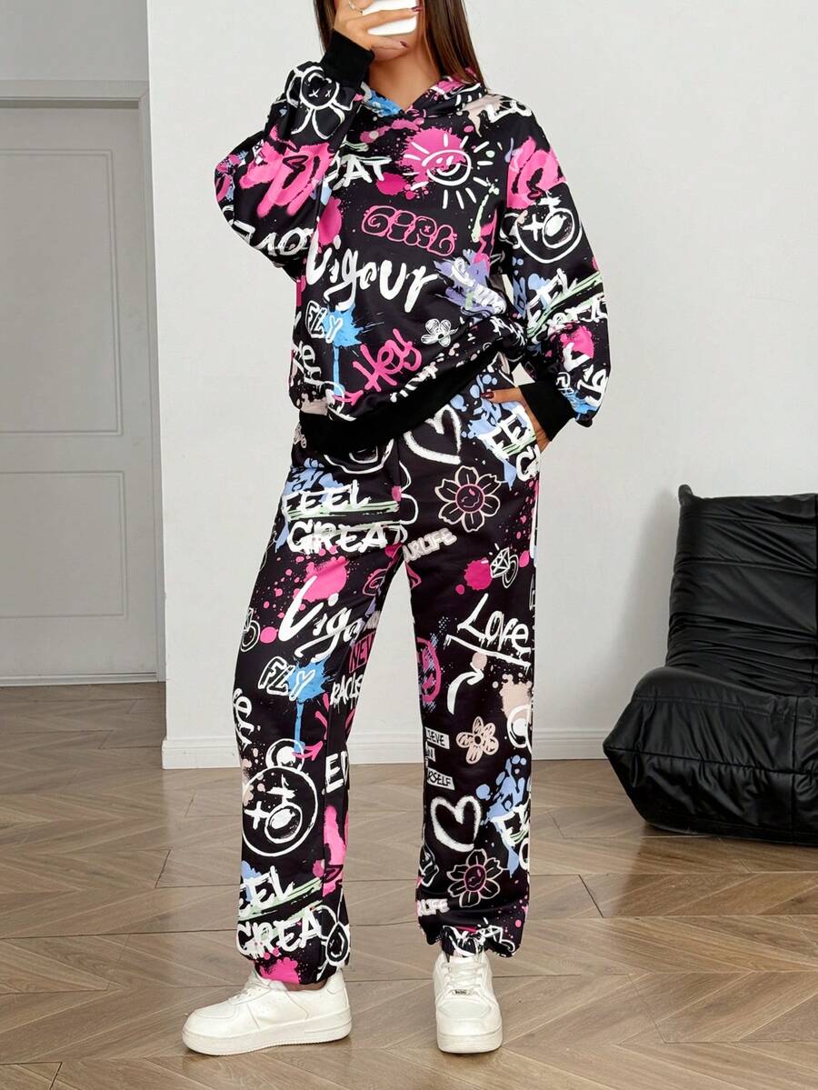 SHEIN Tween Girl Colorful Letter Print Hooded Sweatshirt And Sweatpants 2 Pieces Set, Fleece, Thickened - Multicolor - View 1