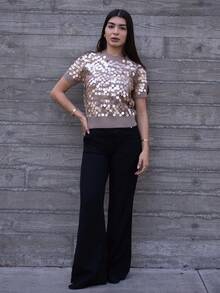Andrea Bello FASHIONABLE VERSATILE SEQUIN EMBELLISHED SHORT SLEEVE PULLOVER KNIT SWEATER KNIT PULLOVER FALL WINTER - Khaki - View 7