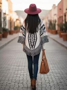 Mujer suéter casual con diseño geométrico tejido holgado cuello redondo manga larga otoño invierno uso diario - Blanco - Ver 2