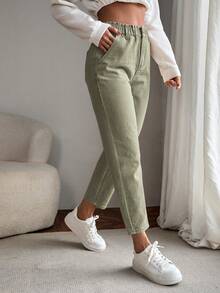 EMERY ROSE Paperbag Waist Straight Leg Jeans - Army Green - View 5