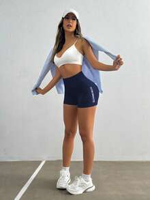 Gameset SHEIN Sport Quần short tập thể dục cạp cao in chữ cho nữ - Màu xanh hải quân - Xem 4