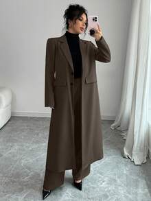 Elenzga Dark Grey Lapel Shoulder Long Suit Pants For Women - Coffee Brown - View 4