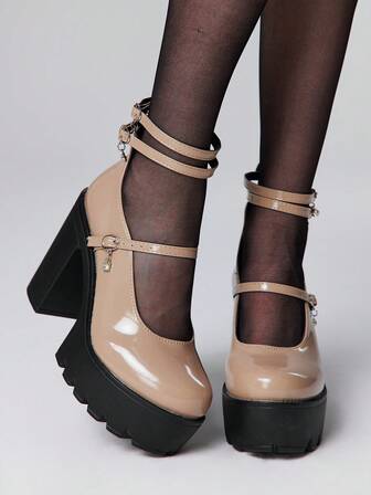 Kawaii Women's Brown Closed Toe Chunky Heel Mary Jane Pumps With Ankle Strap, Waterproof Platform, Multi-Strap Party Dress Heels