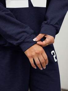 SAYEHFBABY Conjunto de 2 piezas/Set de top de manga larga con estampado numérico casual y pantalones largos Y2k para mujeres petite - Azul Marino - Ver 5