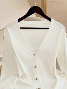 GlowEve White Knitted Cardigan With Metal Buttons, Minimalist Design, Versatile Women Sweater Fall Winter Cloth For Women - Black and White - View 4