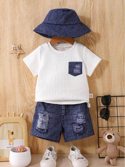 SHEIN Textured T-Shirt And Denim Print Shorts With Bucket Hat, Casual Street Fashion Outfit For Baby Boys