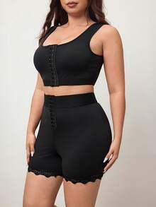 Enliva Plus Size Women Stretchy Fitted Tank Top And High Waisted Shorts Set, For Apple Rounded Body Shape - Black - View 4