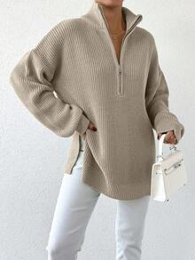 SHEIN Cottnline Half Zip Drop Shoulder Split Hem Sweater - Apricot - View 6
