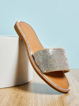 Mini mi Girls' Rhinestone Champagne Slide Sandals – Sparkly, Cute & Comfortable For Any Occasion.