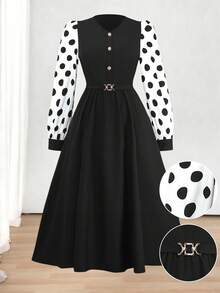 SHEIN Clasi Đầm chữ A thanh lịch, đơn giản, cổ chữ V, màu đen trơn, tay dài màu mơ, dành cho nữ, cỡ lớn, thu/đông - trắng - Xem 1