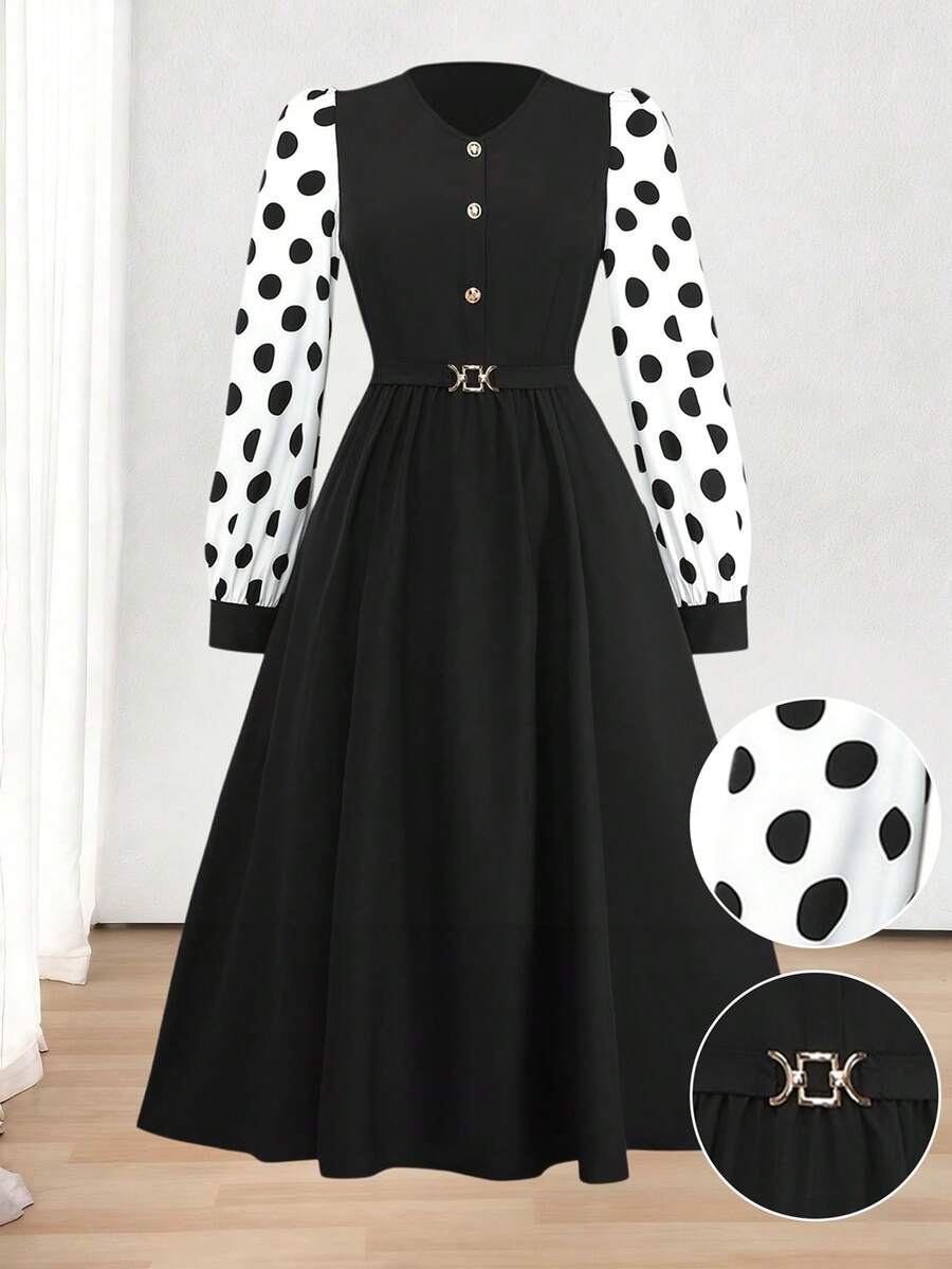 SHEIN Clasi Đầm chữ A thanh lịch, đơn giản, cổ chữ V, màu đen trơn, tay dài màu mơ, dành cho nữ, cỡ lớn, thu/đông - trắng - Xem 1