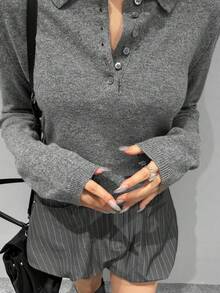 DAZY 舒适高档翻领秋冬优雅短款高领毛衣（女款） - 灰色 - 查看 7