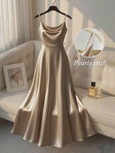 SHEIN Franclia Vestido de satén elegante con brillo perlado para mujer, silueta en línea A, adecuado para ir al trabajo, fiestas y eventos