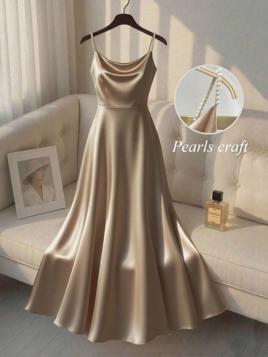 SHEIN Franclia 女士优雅缎面珍珠吊带裙，A 字廓形，适合通勤、派对和活动 - 香檳色 - 查看 1