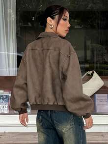 SHEIN EZwear Vintage Washed Snowflake Textured PU Leather Jacket, Autumn - Bronze - View 2