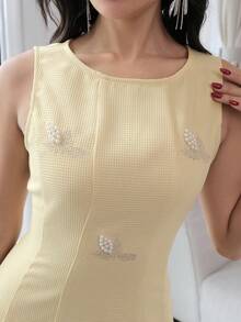 Modelyn New Elegant Embroidered & Beaded Cinching Waist Tie Back Sleeveless Slim Fit Everyday & Party Wear Dress, Butter Yellow - Pale Yellow - View 3