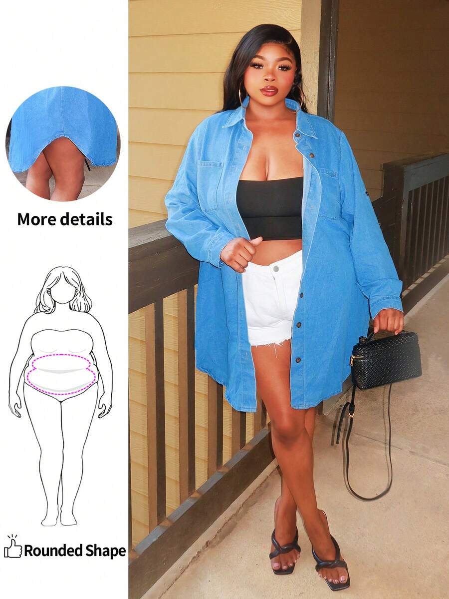 Enliva Blue Plus Size Denim Dress Casual Loose Long Sleeve Shirt Dress Casual And Comfortable, Fall Women Clothes, For Apple Rounded Body Shape - Medium Wash - View 1