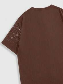 ROMWE MEN Goth Spring/Summer Casual Graphic Men'S Virgin Mary Rhinestone Embellished Short Sleeve T-Shirt, Suitable For Everyday Wear, Spring/Summer - Coffee Brown - View 5