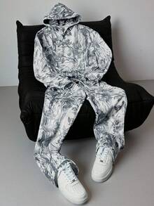 Manfinity EMRG 男士流行街头风格 INS 时尚仿生迷彩户外探险露营连帽卫衣，日常穿着，男友/丈夫礼物，周年纪念礼物，男士连帽衫和裤子套装，男士艺术裤，男士街头两件套，男士图案裤，2000 年代风格 - 彩色 - 查看 2