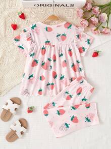甜美风荷叶袖草莓印花两件套家居服，适合年轻女孩 - 粉色 - 查看 2