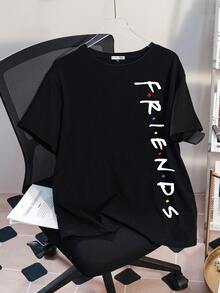 FRIENDS X SHEIN Plus Size Summer Letter Print Round Neck Short Sleeve T-Shirt Suitable For Going Out - Black - View 5