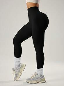 With My Calm 女士休闲运动收腹提臀无缝紧身裤 - 黑色 - 查看 7