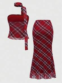 ROMWE Grunge Punk 2 件 Y2K 复古格纹抹胸和格纹低腰鱼尾裙套装 - 紅色 - 查看 2