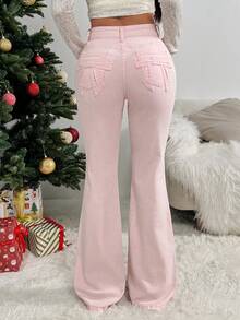 Rivivi Fashionable Low-Waist Pink Bow Tie Slim Fit Casual Flare Jeans - Pink - View 3