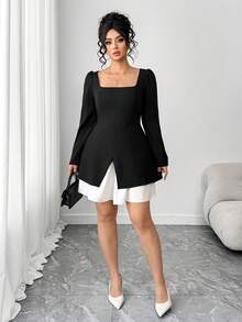 Elenzga Váy ngắn tay dài họa tiết khối màu thanh lịch dành cho nữ cỡ lớn - màu đen - Xem 7