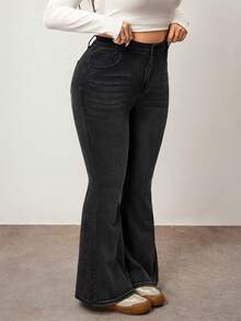 Enliva Plus Size Women's Elastic Waist Flare Leg Jeans, Black Denim Pants, Adjustable Waist, Flattering For Curvy Figures For 2026 New Year, For Apple & Rounded Body Shape - Black - View 5