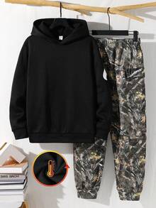 SHEIN 两件套青少年男童休闲日常百搭舒适字母树叶印花连帽卫衣和宽松运动裤套装，适合学校、花园、海滩、生日、春夏秋冬穿着。 - 彩色 - 查看 2