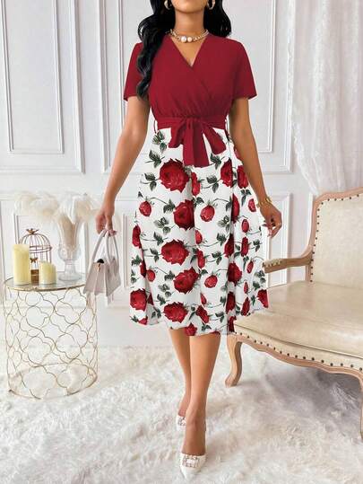 Lunelith SHEIN Lunessa Vestido maxi elegante de mujer con estampado floral, cuello en V cruzado y mangas cortas