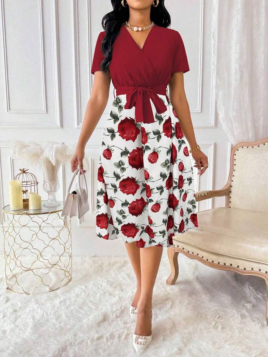 SHEIN Ladiora 女式花卉印花重叠V领短袖优雅连衣裙长款女装 - 紅色 - 查看 1