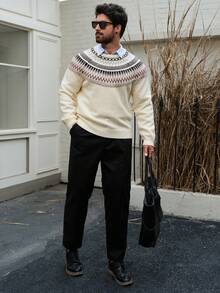 DAZY Men's Geometric Pattern Jacquard White Crew Neck Sweater, Autumn - Multicolor - View 3