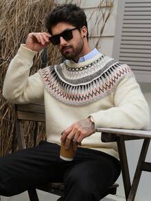 DAZY Men's Geometric Pattern Jacquard White Crew Neck Sweater, Autumn - Multicolor - View 1