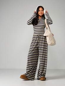 MISSGUIDED Horizontal Striped Long Sleeve Button Front Collared Top With Drawstring Waist And Chest Pocket Detail - Multicolor - View 3