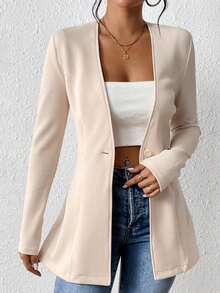 EMERY ROSE Áo blazer nữ dáng ngắn, không lót, cổ bẻ, tay dài, chất liệu mỏng nhẹ, kiểu dáng thường ngày, thích hợp cho mùa hè. - Màu be - Xem 5