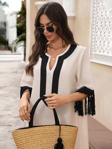 EMERY ROSE Women's Vacation Casual Colorblock Fringe Decor Mid-Length Dress Long Summer Dress For Women Casual Dresses For Women Resort Dresses For Women Tassel Dress