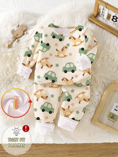 Baby Boys Snug Fit Pajamas-2 Pieces Pajama Set Thermal Lined Infant Toddler Long Sleeve Round Neck Pajama Set Rocking Horse Car Print Green Beige Long Pants Fold Cuffs Snug Fit Thermal Warm Sleepwear Autumn Winter 2026 New Year Holiday Gift