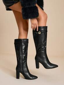 Daringsoles 女士时尚百搭通勤厚底高跟过膝长靴 - 黑色 - 查看 4