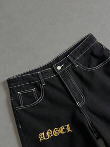 Manfinity ZONE917 男士深黑色水洗哥特式刺绣宽松街头风格短裤 - 黑色 - 查看 3