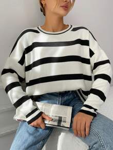 RueChic Striped Pattern Drop Shoulder Sweater - Multicolor - View 3